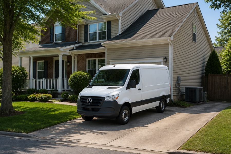 Service van in the driveway of a Baltimore-area home